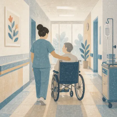Nurse Guiding Patient Through Hospital Corridor