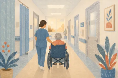 Nurse Guiding Elderly Patient in Corridor