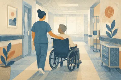 Nurse Guiding Patient Through Hospital Corridor