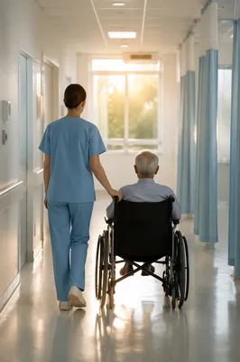 Nurse Assisting Elderly Patient in Corridor
