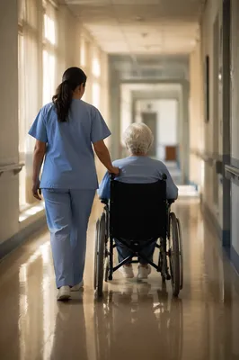 Compassionate Nurse Guiding Patient in Hospital Corridor