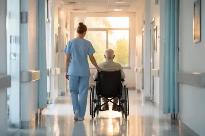 Nurse Assisting Patient in Hospital Corridor