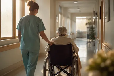 Compassionate Nurse Guiding Patient at Dawn