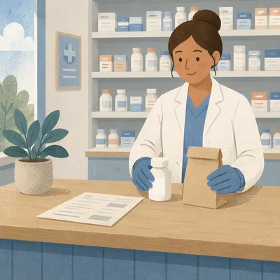 Clean Neighborhood Pharmacy Prescription Counter Scene
