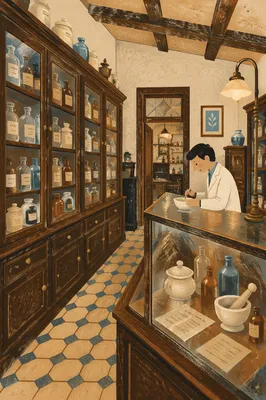 Vintage Pharmacy Prescription Counter Interior