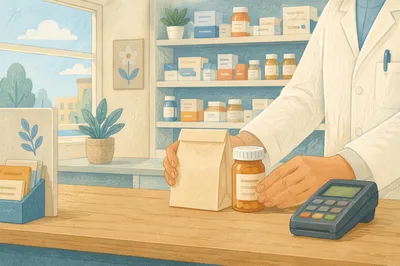 Pharmacy Prescription Counter with Pharmacist Hands