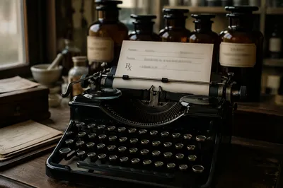 Vintage Pharmacy Prescription Counter With Typewriter