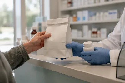 Pharmacy Prescription Counter Exchange in Morning Light