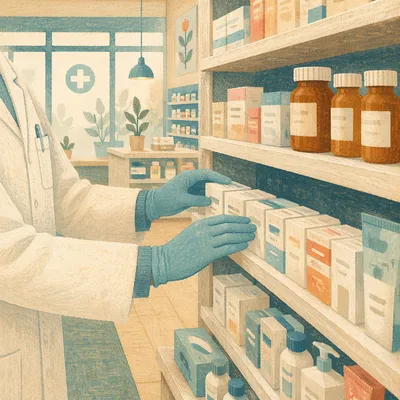 Orderly Pharmacy Shelves in Morning Light