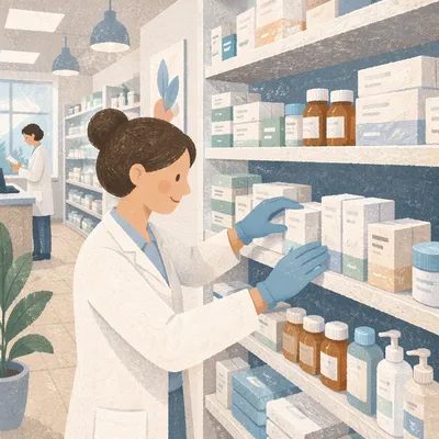 Modern Pharmacy Shelves and Medicine Supplies