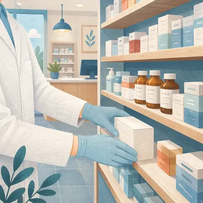 Organized Pharmacy Shelves with Pharmacist Hands