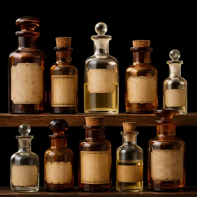 Vintage Apothecary Bottles on Dark Shelf