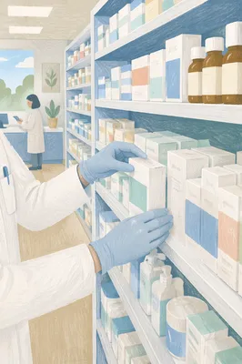 Modern Pharmacy Shelves with Organized Medicines