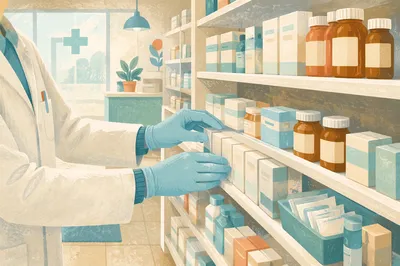 Clean Neighborhood Pharmacy Shelves at Morning
