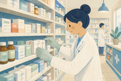 Modern Pharmacy Shelves with Organized Medicines