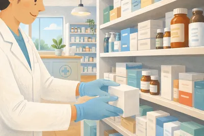 Organized Pharmacy Shelves with Pharmacist Hands
