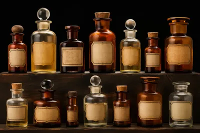 Vintage Apothecary Bottles on Dark Shelf