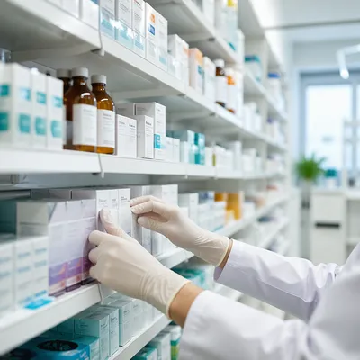 Modern Pharmacy Shelves and Medicine Aisle