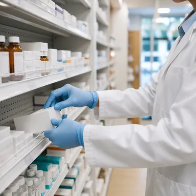 Organized Pharmacy Shelves with Pharmacist Hands