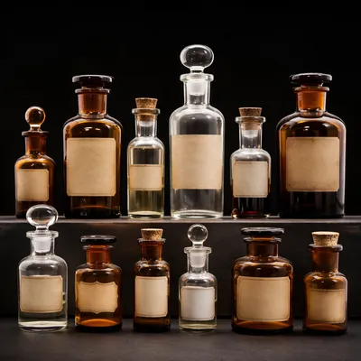 Vintage Apothecary Bottles on Pharmacy Shelves