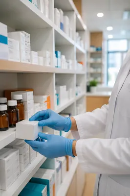 Pharmacist Arranging Medicine on Pharmacy Shelves