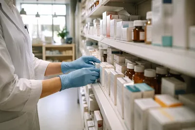 Clean Neighborhood Pharmacy Shelves in Morning Light