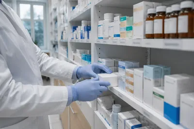 Organized Pharmacy Shelves with Pharmacist Hands