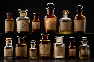 Vintage Apothecary Bottles on Dark Pharmacy Shelf