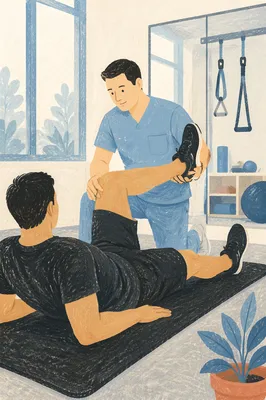 Therapist Guiding Hamstring Stretch in Rehab Studio