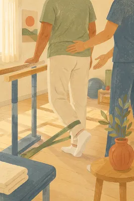 Hopeful Physical Therapy Rehabilitation Exercise in Sunlit Clinic