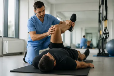 Therapist Guiding Hamstring Stretch in Rehab Studio