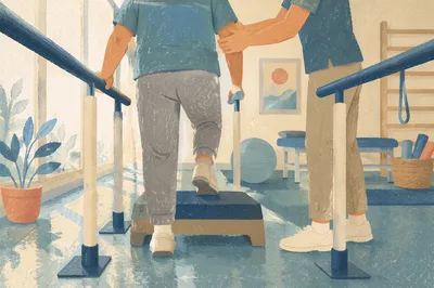 Hopeful Physical Therapy Step Exercise Scene