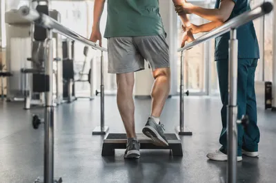 Physical Therapy Step-Up Exercise in Rehab Gym