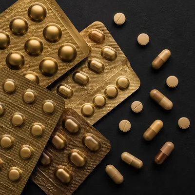 Bronze Pharmacy Pills on Charcoal Flat Lay