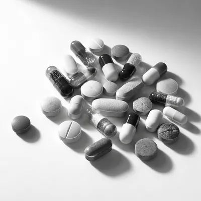 Black and White Pharmacy Pills Flat Lay