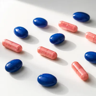 Blue Pills and Pink Capsules Arrangement