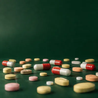 Medicine Capsules and Tablets on Green