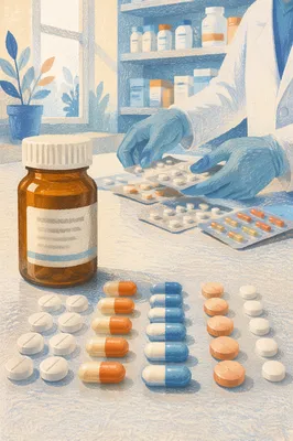 Medicine Capsules and Pills on Pharmacy Counter