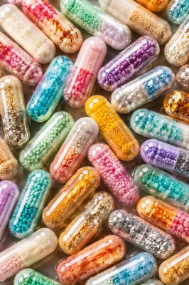 Colorful Macro Capsules on Pharmacy Surface