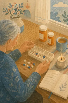 Prayerful Morning Pill Organizer at Kitchen Table