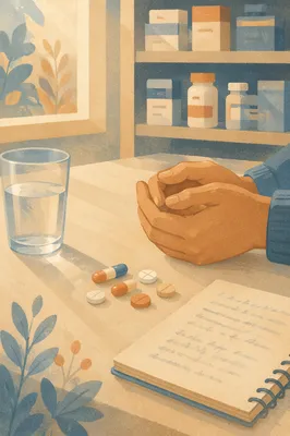 Hopeful Prayer Beside Medicine on Pharmacy Counter
