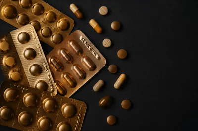Bronze Pharmacy Pills on Charcoal Background