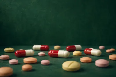 Medicine Capsules on Deep Green Background
