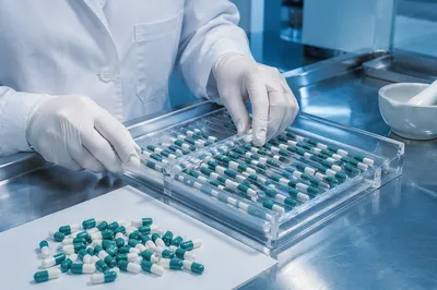 Pharmacy Technician Preparing Green Capsules