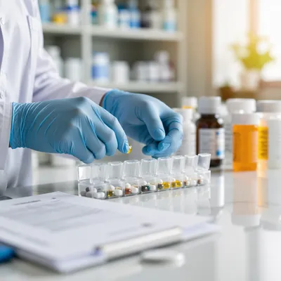Pharmacist Organizing Weekly Medicine Capsules