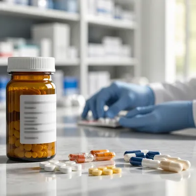 Close-Up Medicine Capsules on Pharmacy Counter