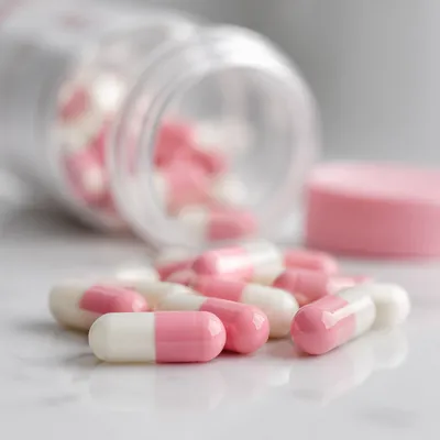 Pink and White Pharmacy Capsules Closeup