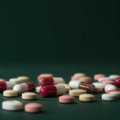 Assorted Medicine Capsules on Dark Green