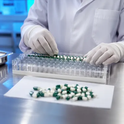 Pharmacy Technician Preparing Green Capsules