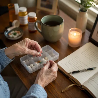 Prayerful Morning Pill Organizer at Kitchen Table